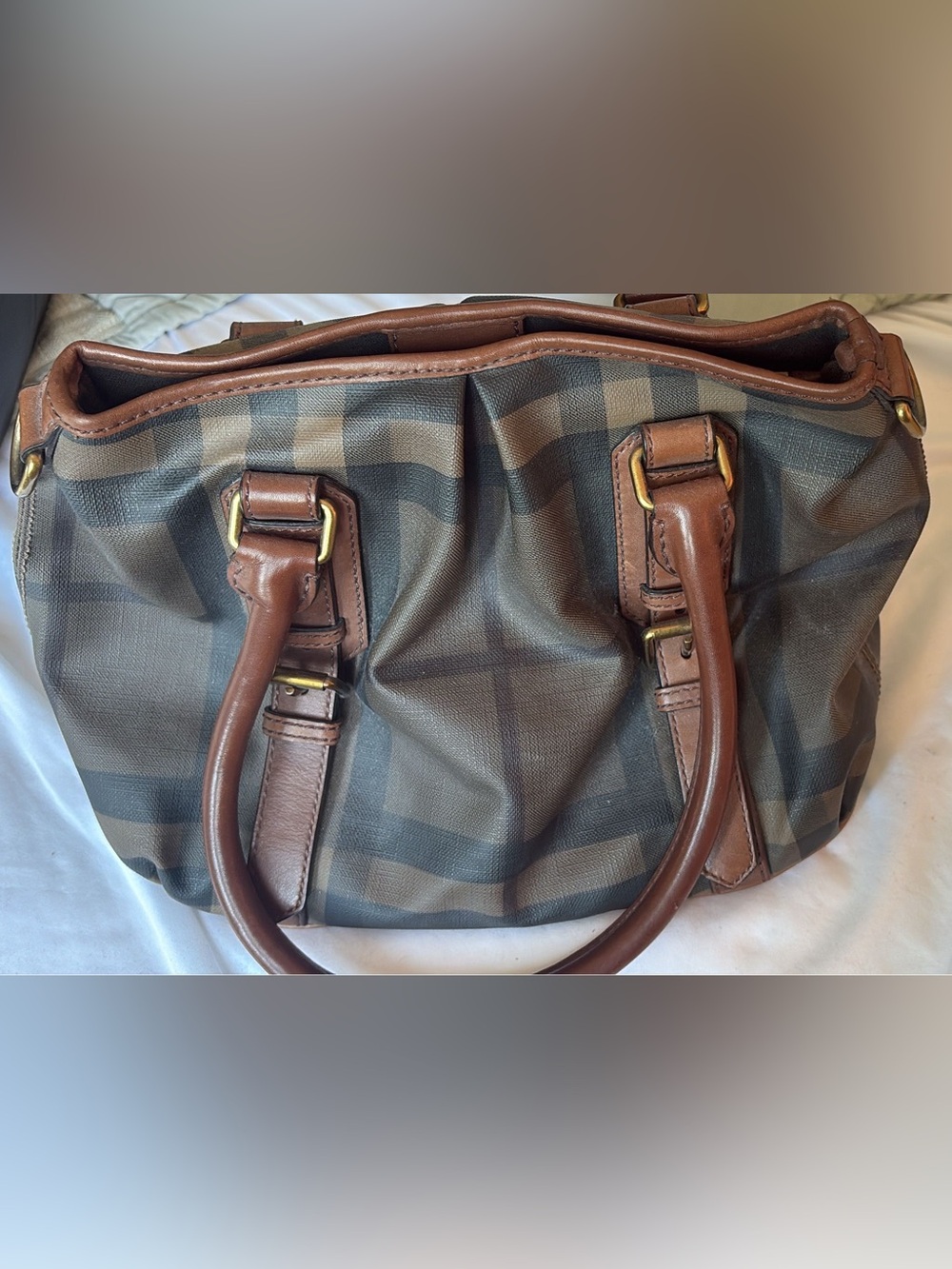 Burberry Brown Check Canvas Messenger Bag with Leather Trim